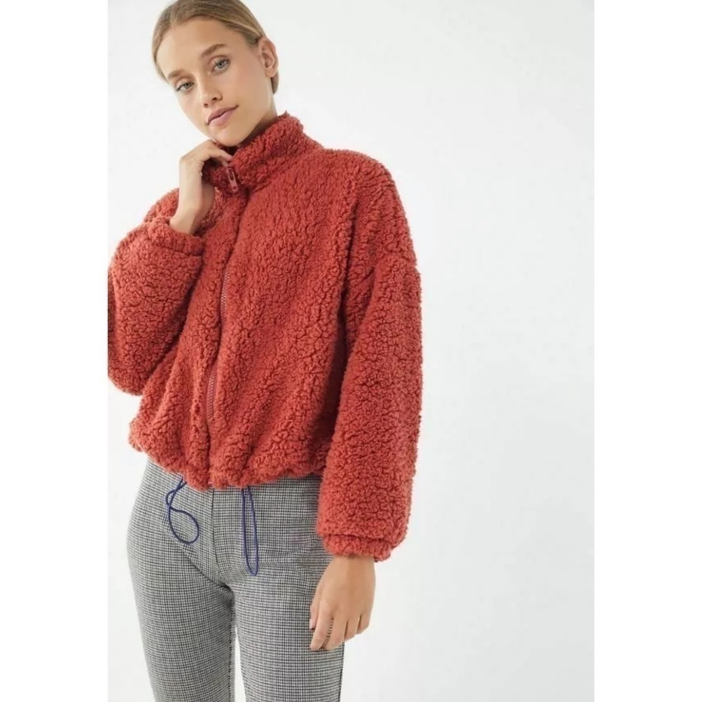 Urban Outfitters Willow Fuzzy Drawstring Teddy Jacket in Brick Red Full-Zip XS